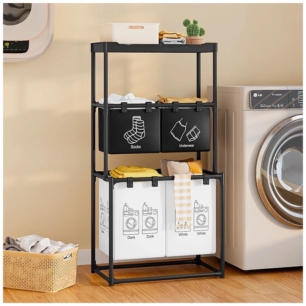 Cos de rufe, 3 niveluri, 4 sectiuni, metal, negru