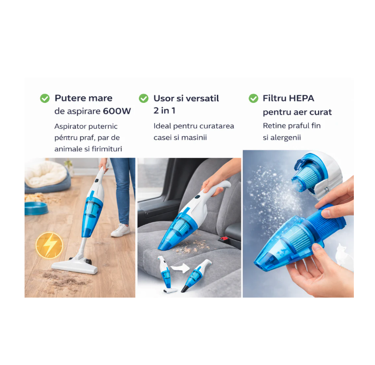 Aspirator vertical 600W, filtru HEPA, fara sac, 0.8 Litri