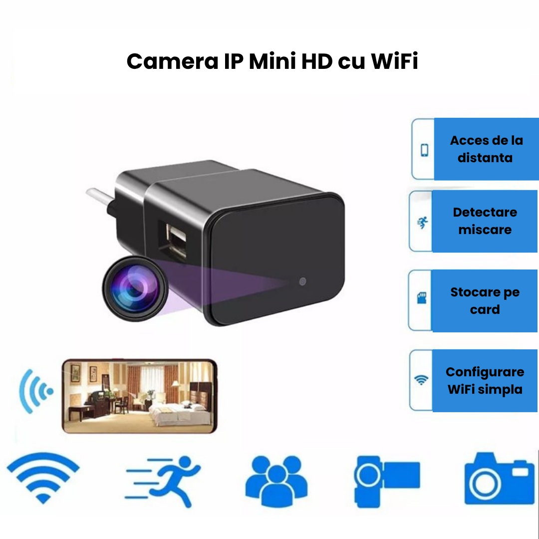 Mini camera video tip incarcator, Wi-Fi, Full HD, microfon