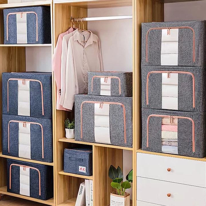 Set 3 cutii pliabile pentru depozitare, 24L, 66L, 100L, Gri
