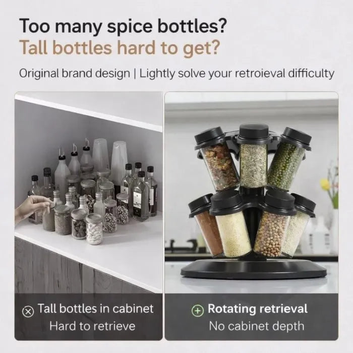 Suport rotativ cu 12 borcane pentru condimente, capace detasabile