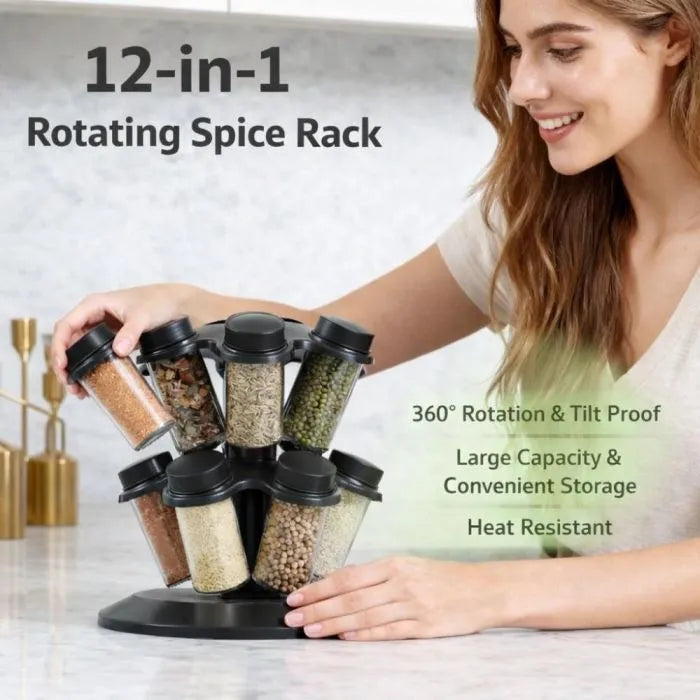 Suport rotativ cu 12 borcane pentru condimente, capace detasabile