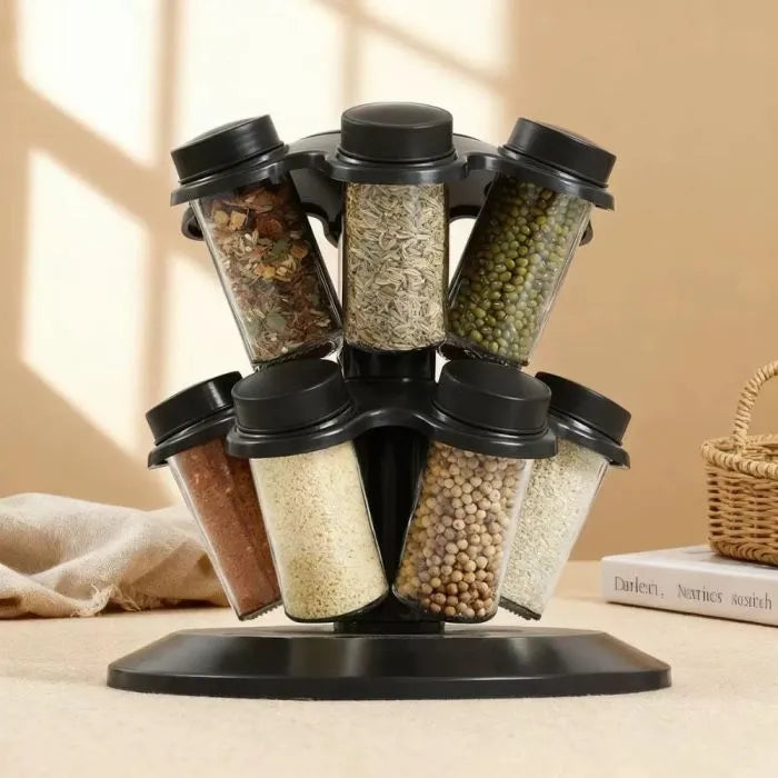 Suport rotativ cu 12 borcane pentru condimente, capace detasabile