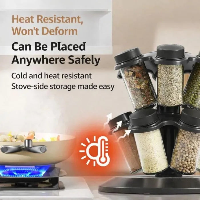 Suport rotativ cu 12 borcane pentru condimente, capace detasabile