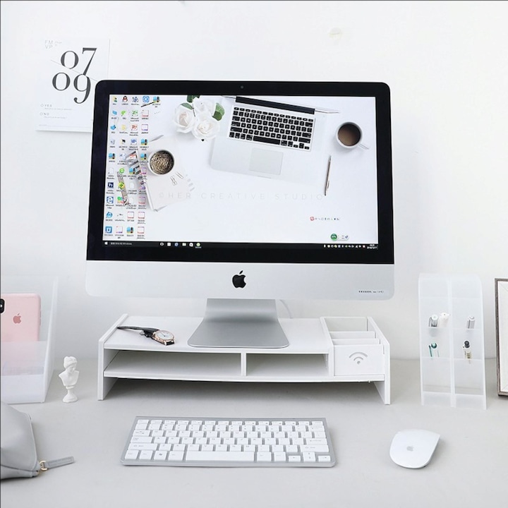 Suport birou 5 compartimente, Alb, 49 x 10 x 20 cm