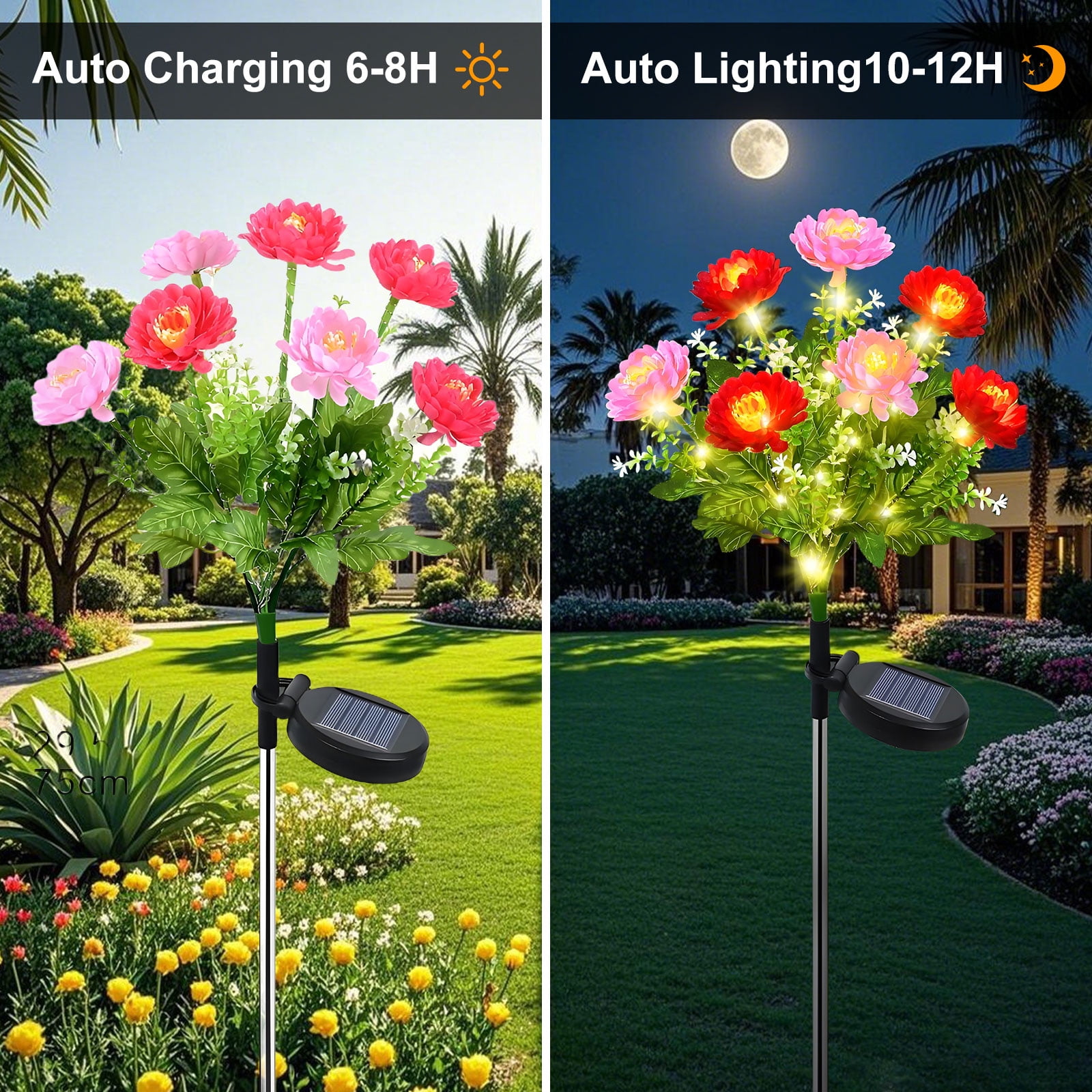 Set 2 x Lampa solara Bujori Roz 60 cm, iluminat ambiental gradina