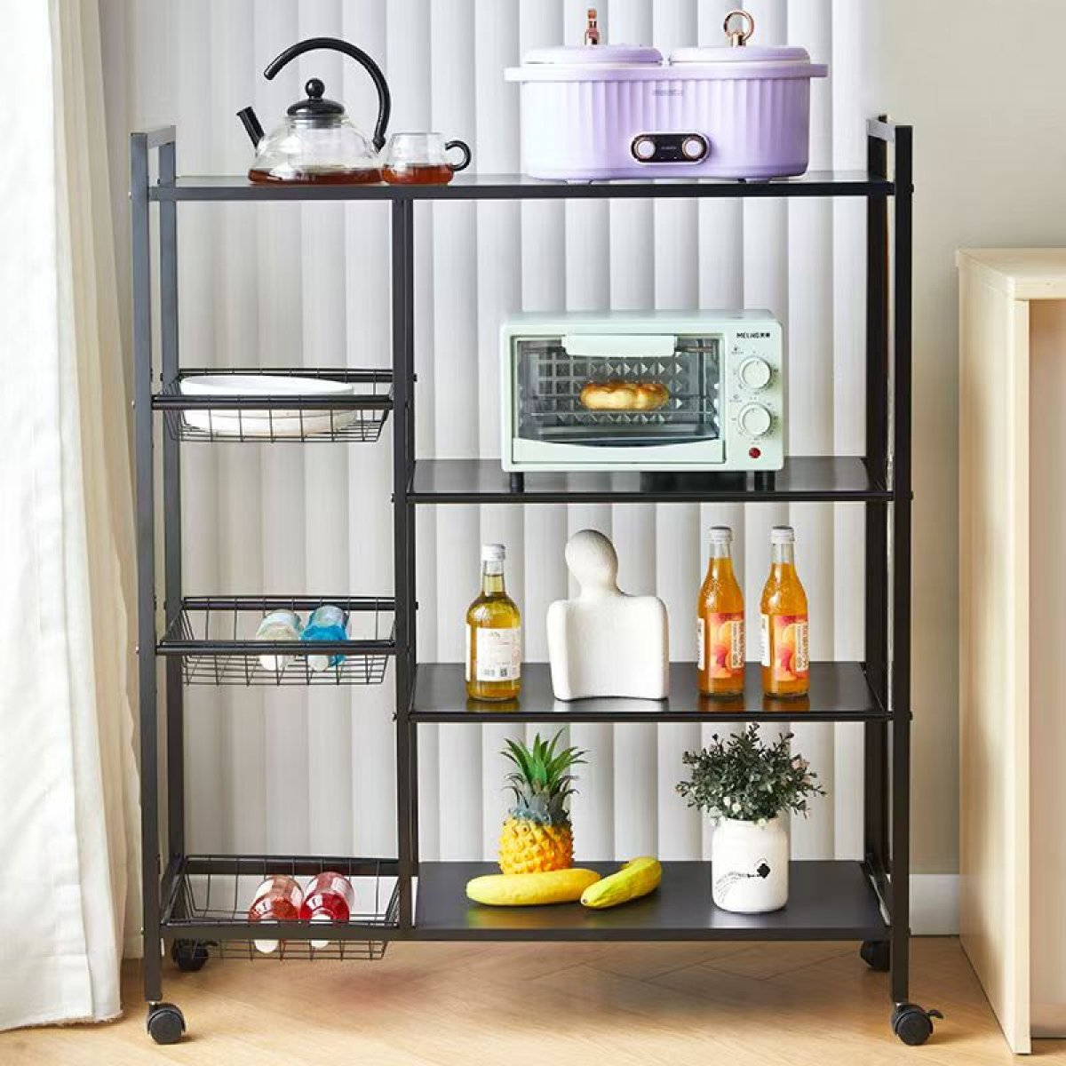 Raft metalic cu 4 polite, 108 cm, Negru