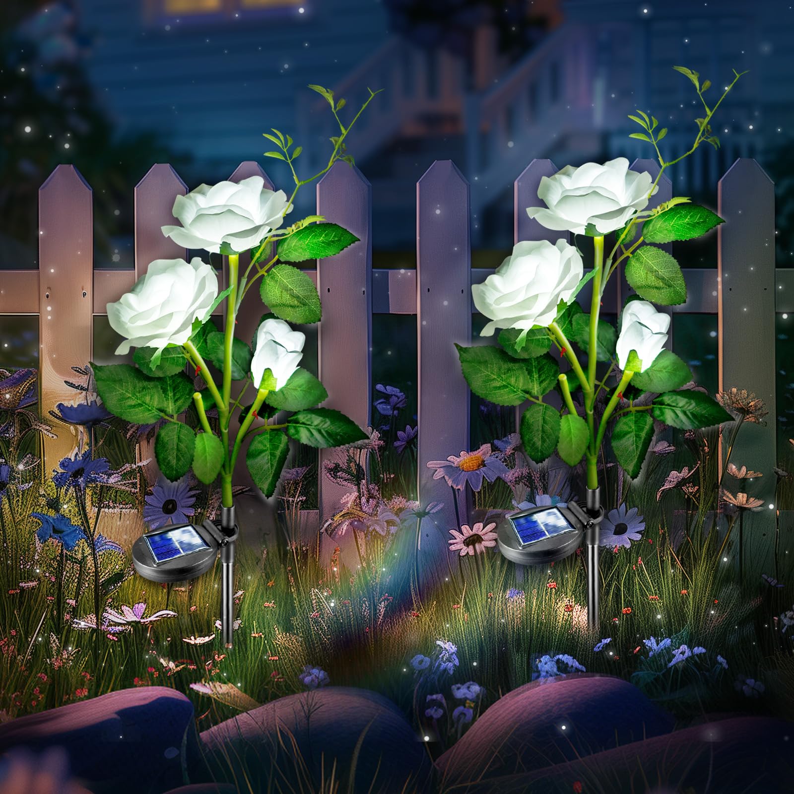 Set 2 x Lampa solara Trandafir Alb, 3 flori LED