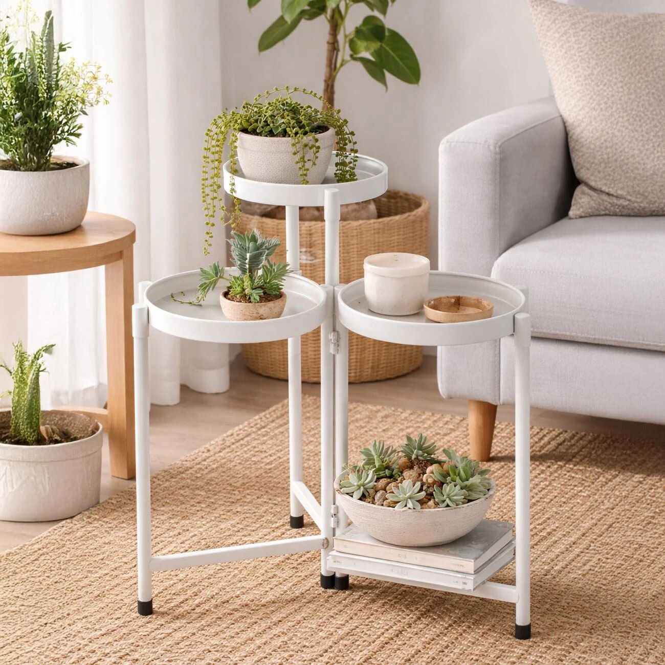 Suport triplu din metal pentru plante, Alb, 50x25x65 cm