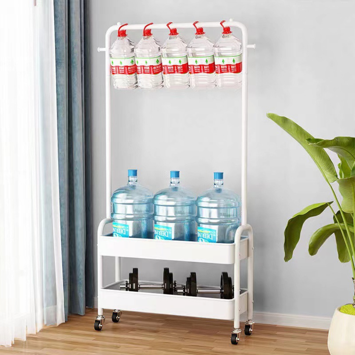 Suport portabil 2 rafturi, 2 carlige, 4 roti, 159 cm, Alb