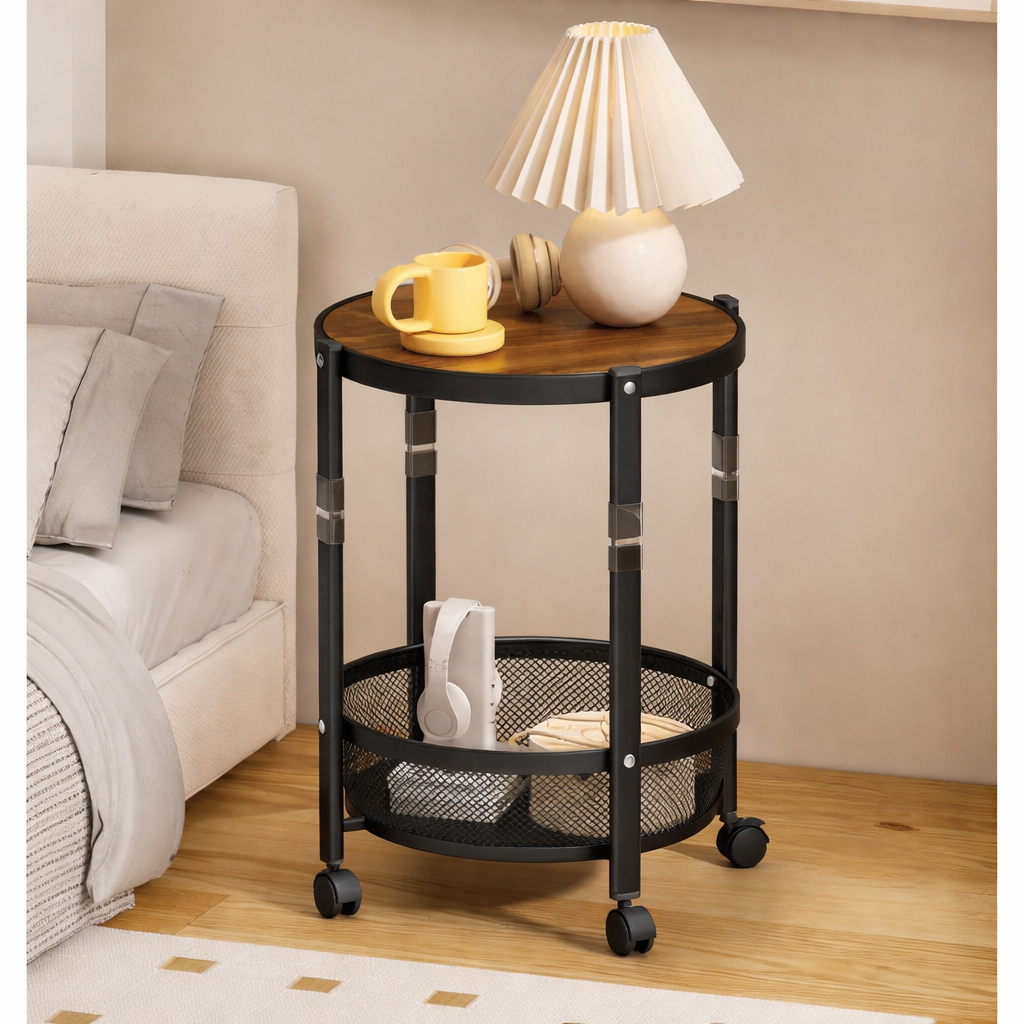 Masa pliabila cu roti si raft metalic, blat rotund, 38 x 52 cm