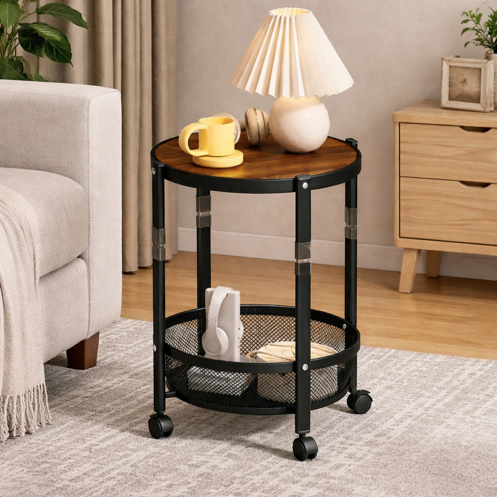 Masa pliabila cu roti si raft metalic, blat rotund, 38 x 52 cm