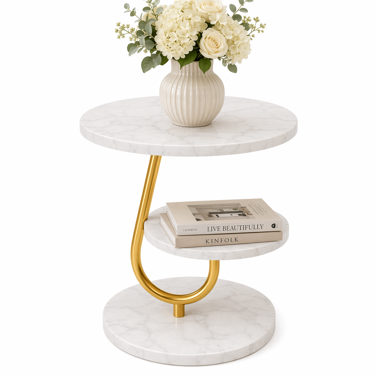 Masuta rotunda cu raft inferior, blat tip marmura, 45x60 cm