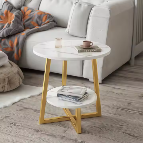 Masuta cafea rotunda cu raft inferior, blat tip marmura, 55x40 cm