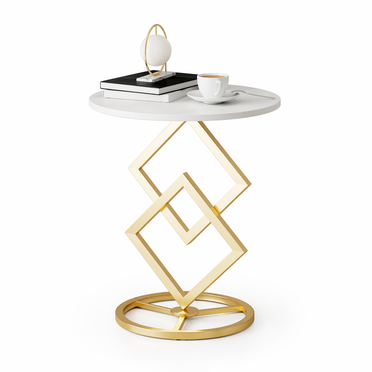 Masuta rotunda blat tip marmura, cadru geometric metalic, 40 x 58 cm