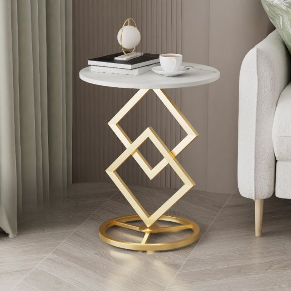 Masuta rotunda blat tip marmura, cadru geometric metalic, 40 x 58 cm