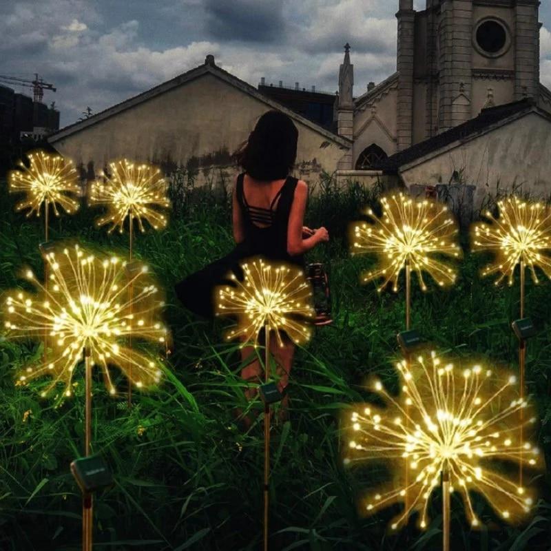 Set 2 x Lampa solara artificii cu suport metalic, lumina calda