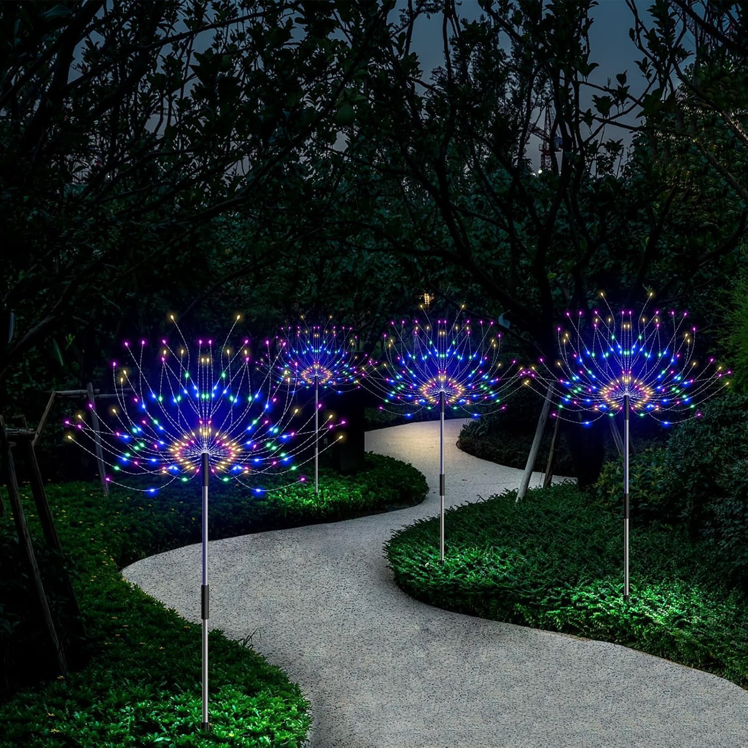 Set 2 x Lampa solara artificii cu suport metalic, Multicolor