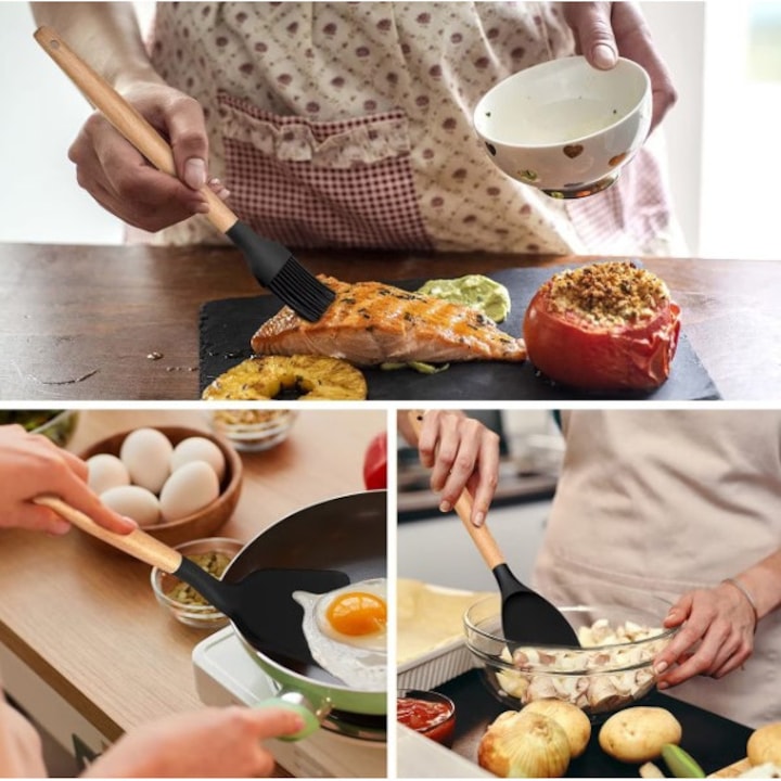 Set 12 ustensile din silicon, pentru gatit - Negru