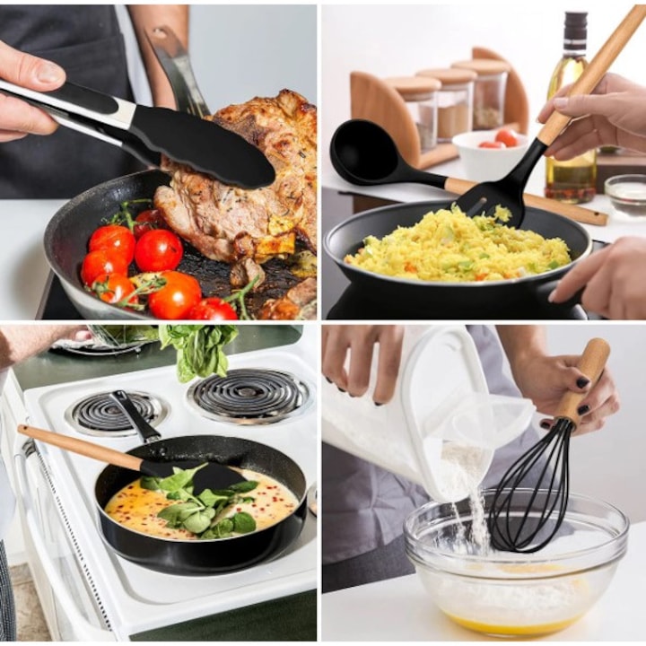 Set 12 ustensile din silicon, pentru gatit - Negru