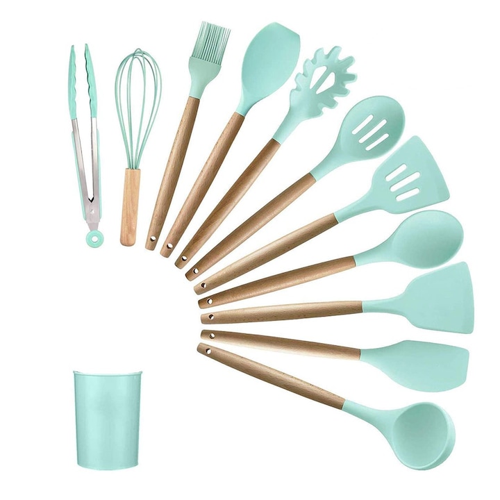 Set 12 ustensile din silicon, pentru gatit - Verde