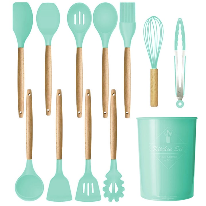 Set 12 ustensile din silicon, pentru gatit - Verde