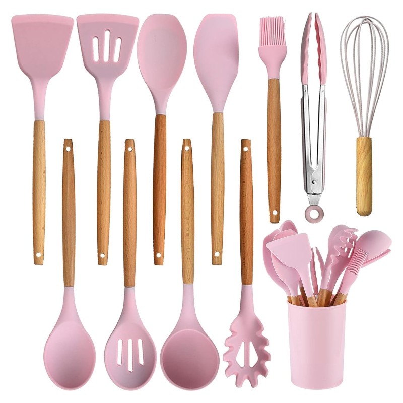 Set 12 ustensile din silicon, pentru gatit - Roz
