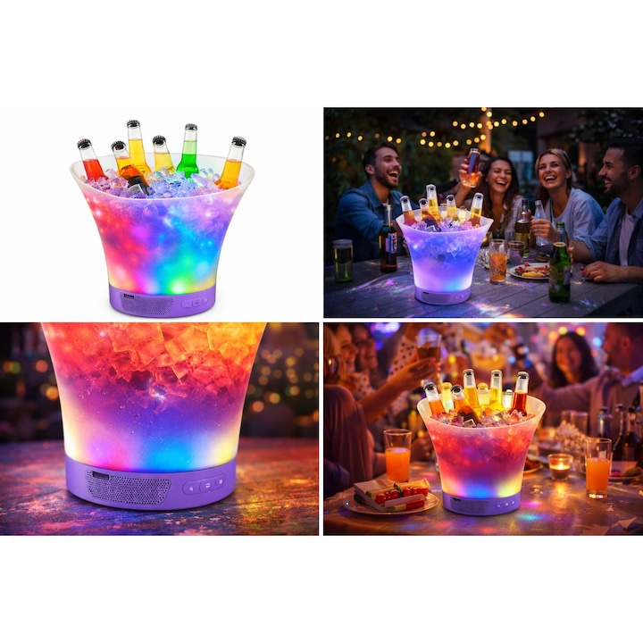 Frapiera LED cu boxa Bluetooth, efecte luminoase RGB, port USB