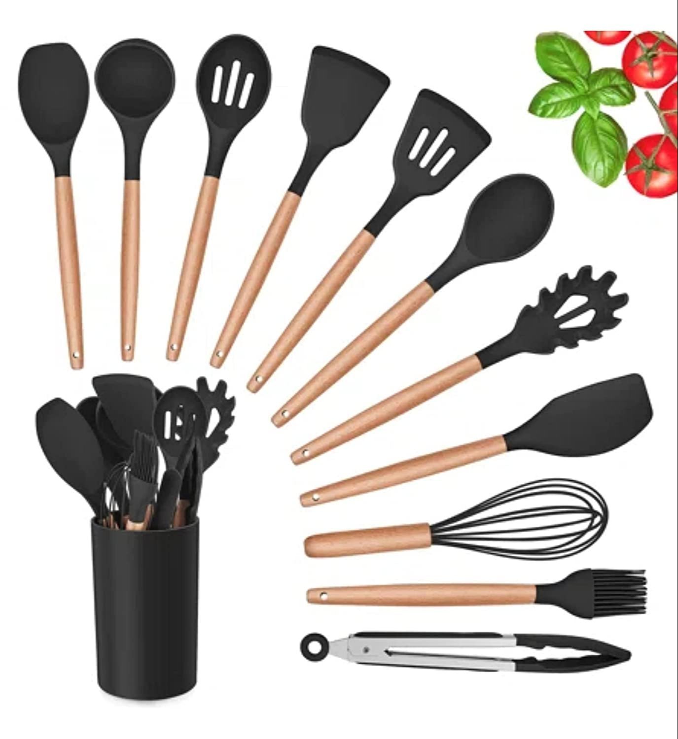 Set 12 ustensile din silicon, pentru gatit - Negru