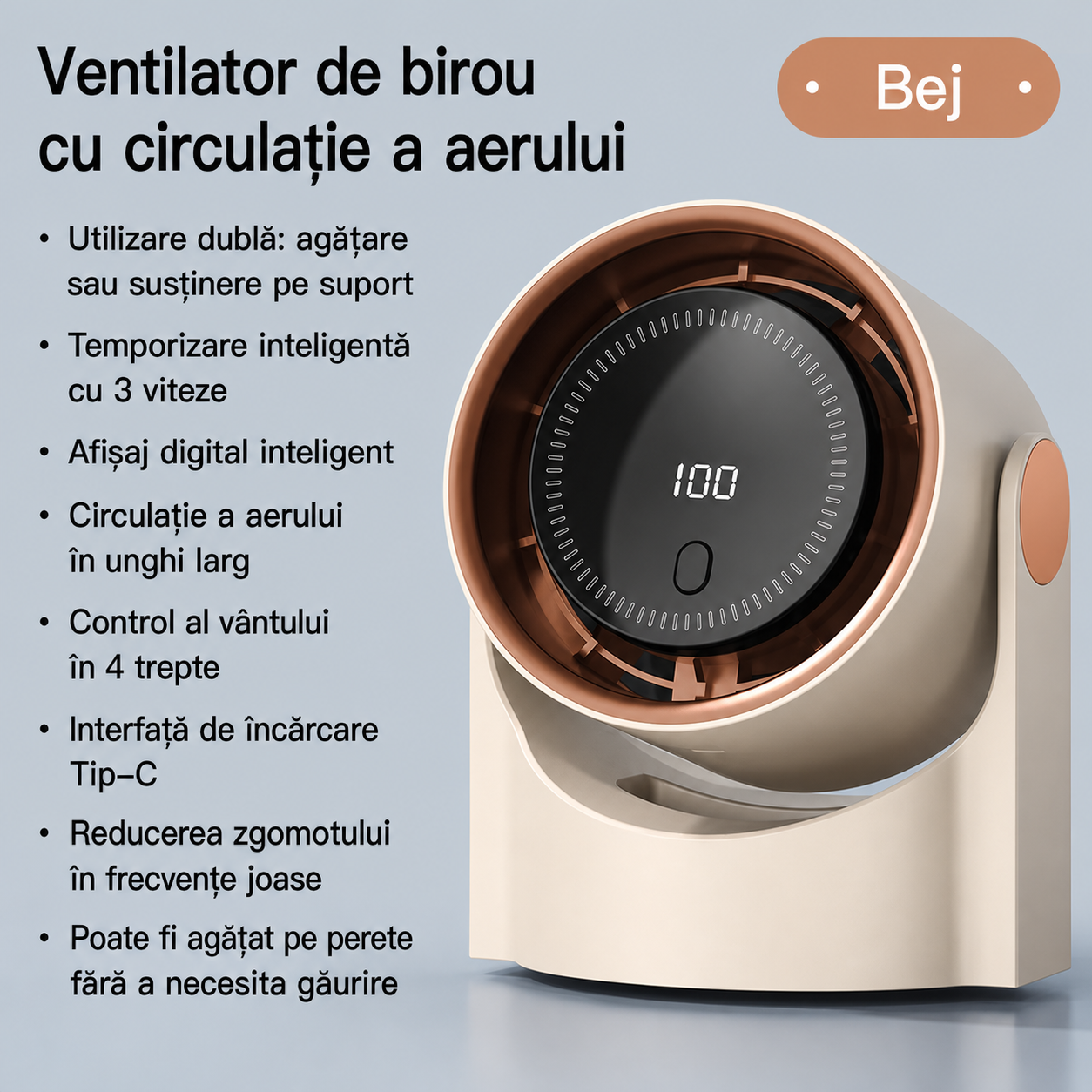 Ventilator portabil, 100 de viteze, incarcare USB-C, 2000 mAh