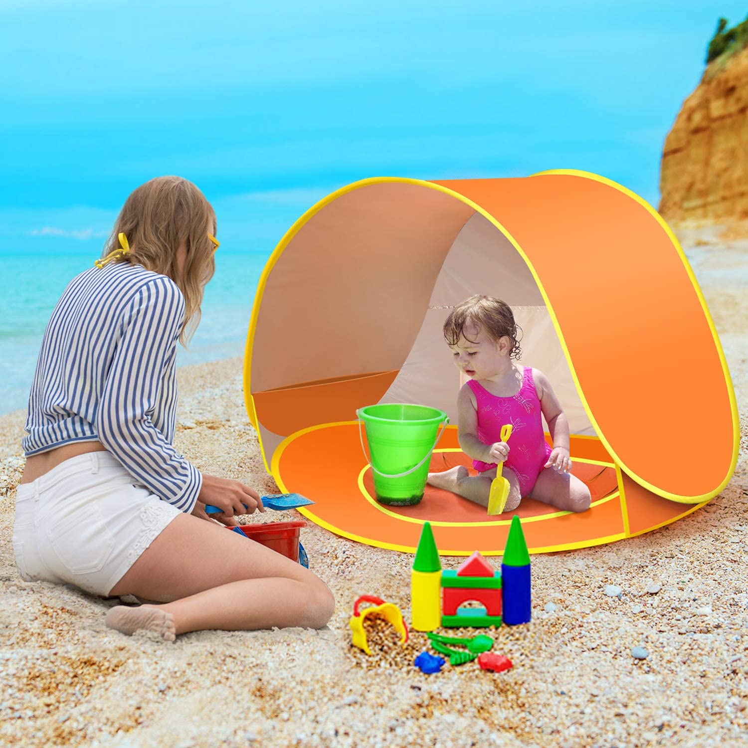 Cort de plaja cu piscina pentru bebelusi, protectie UV - albastru