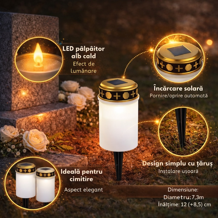 Set 2 x Candela solara LED, lumanare cu efect de flacara