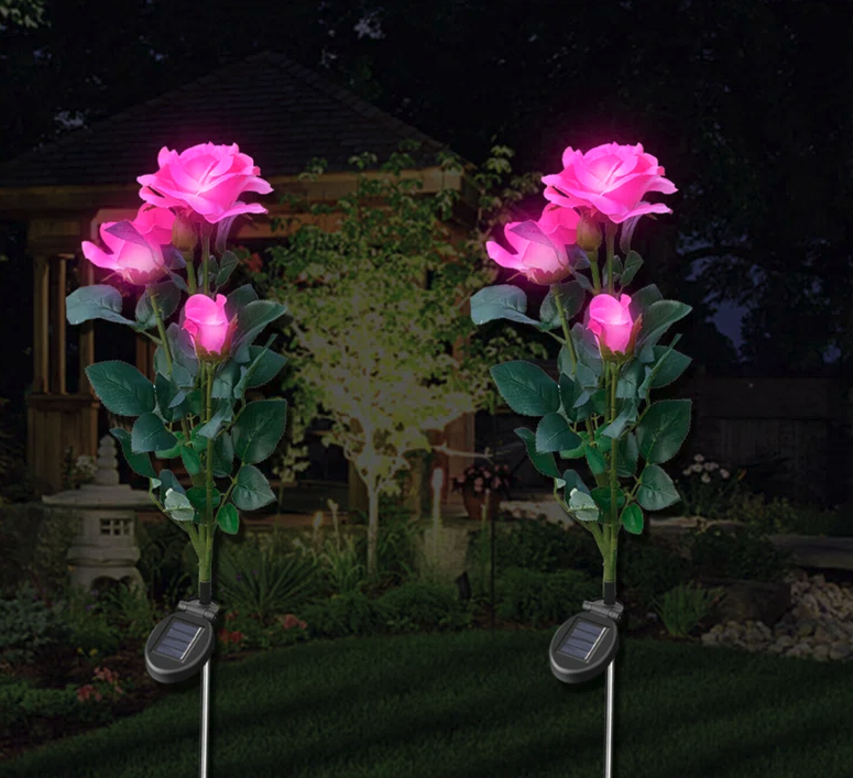 Set 2 x Lampa solara Trandafir Roz, 3 flori LED