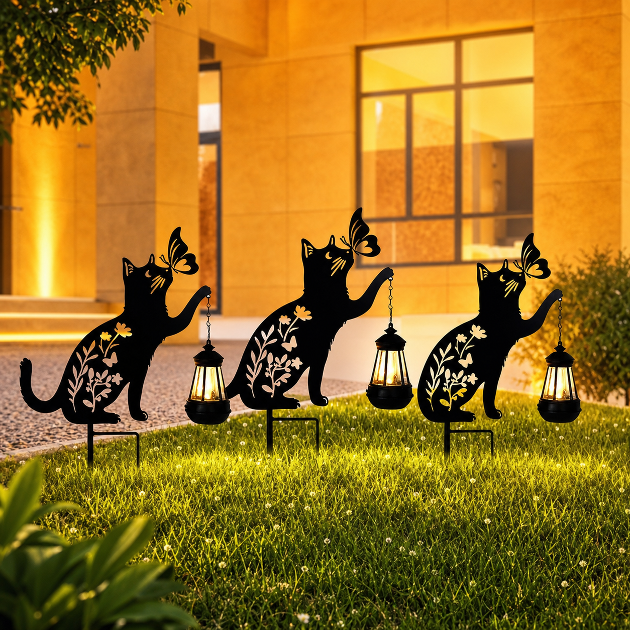 Set 2 x Lampa solara de gradina, decoratiune metalica, Pisica