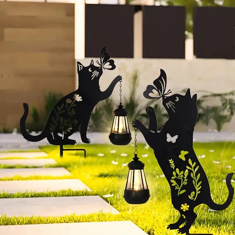 Set 2 x Lampa solara de gradina, decoratiune metalica, Pisica