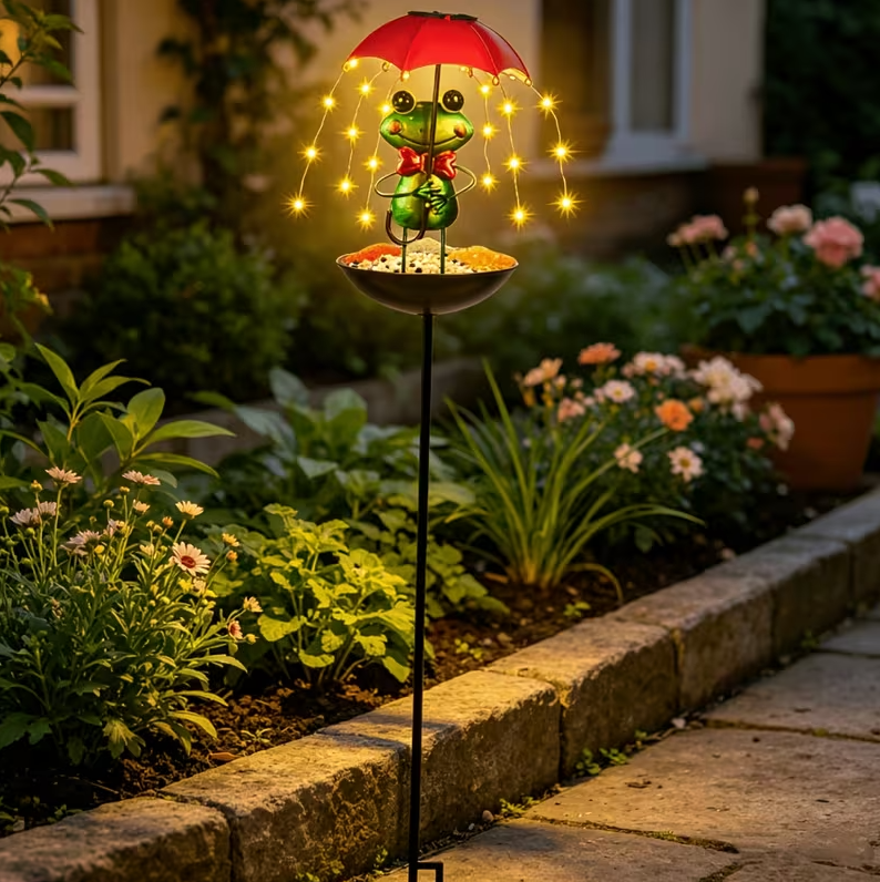 Lampa solara decorativa cu hranitoare pentru pasari, Model Broscuta