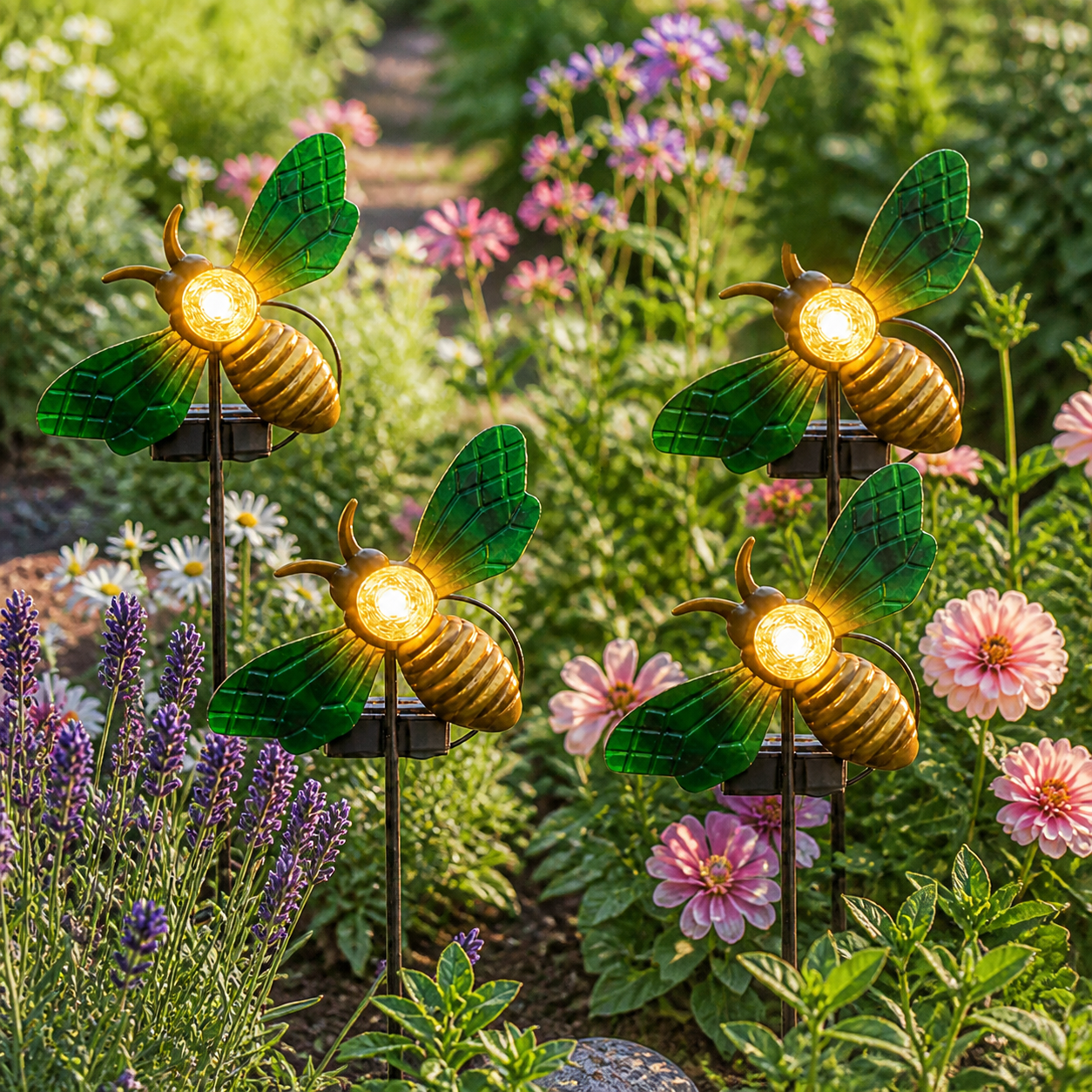 Set 4 lampi solare LED pentru gradina, metal, Albinute 3D