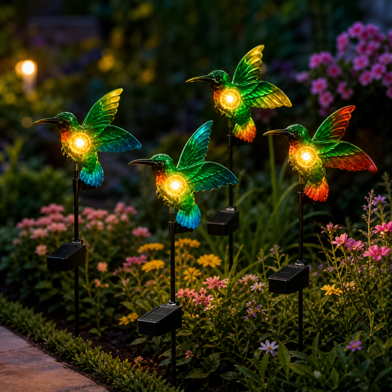 Set 4 lampi solare LED pentru gradina, metal, Colibri 3D