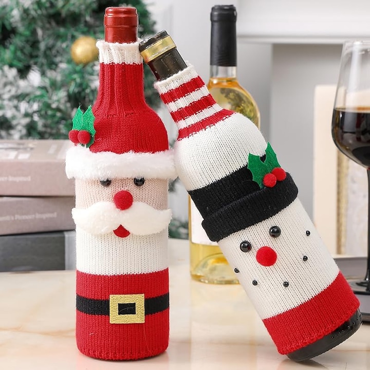 Set 2 huse festive pentru sticla de vin, decoratiune de Craciun - 1
