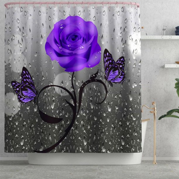 Set baie 4 piese: perdea, covorase si husa de toaleta, Purple Rose