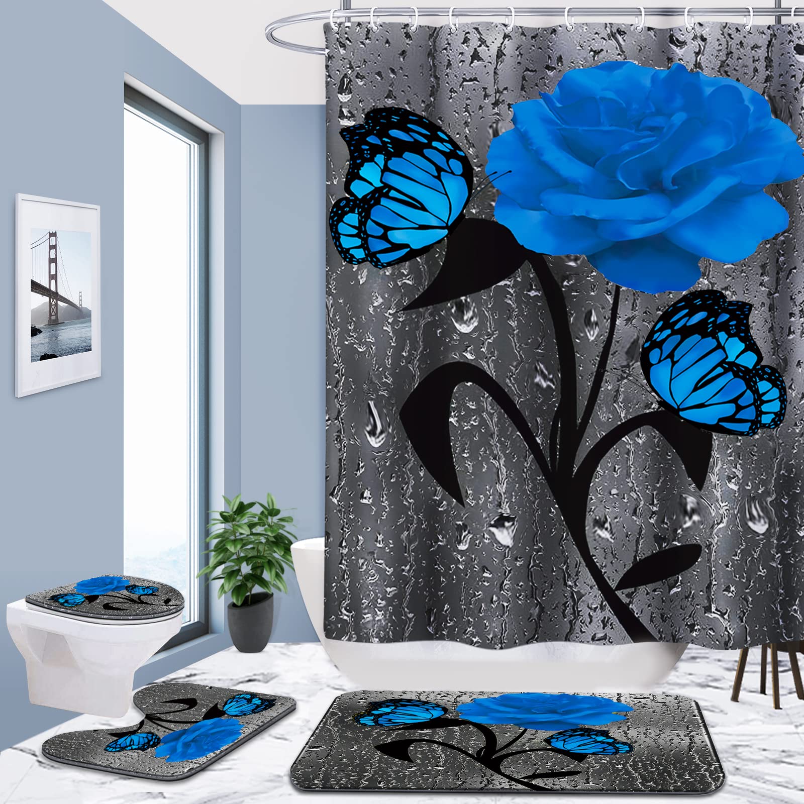 Set baie 4 piese: perdea, covorase si husa de toaleta, Dark Blue Rose