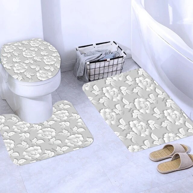 Set baie 4 piese: perdea, covorase si husa de toaleta, White Rose