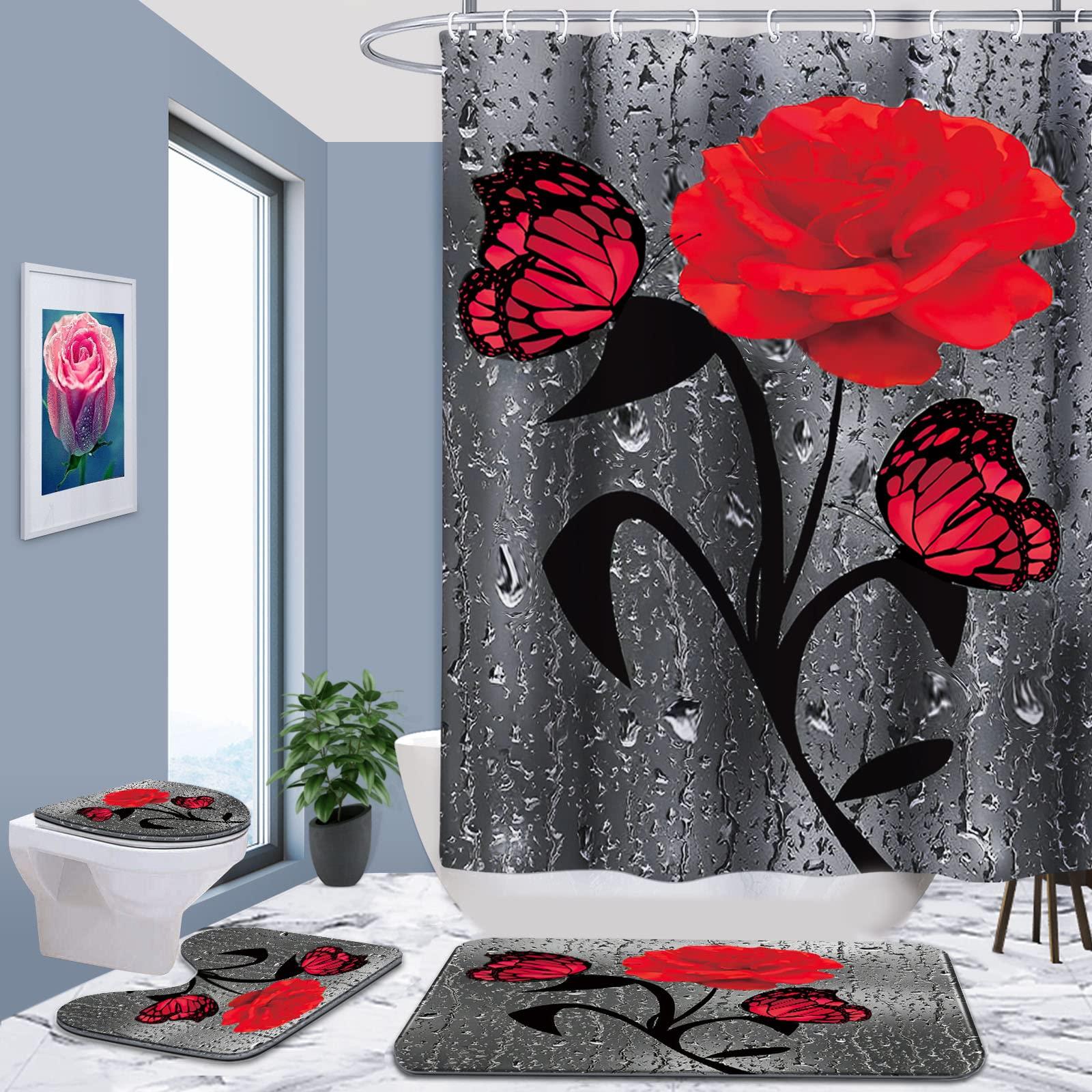 Set baie 4 piese: perdea, covorase si husa de toaleta, Red Rose