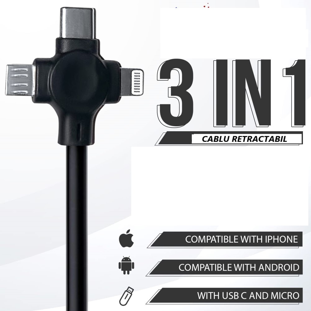 Set 2 x Cablu retractabil de incarcare, compatibil Apple, Android, USB C