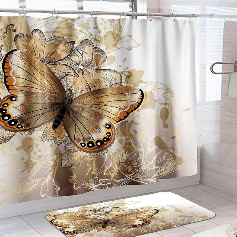 Set baie 2 piese: perdea si covoras, Gold Butterfly