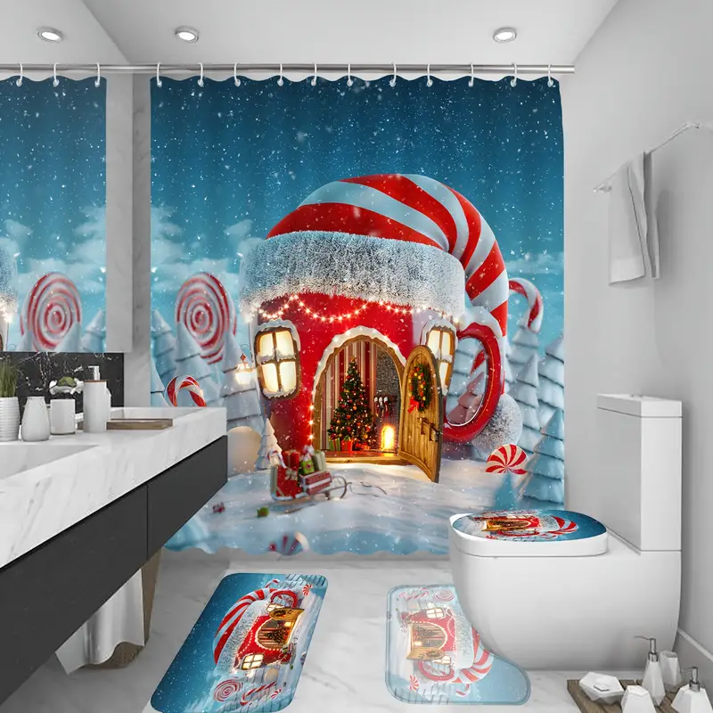 Set baie: perdea, covorase si husa de toaleta, Christmas Home