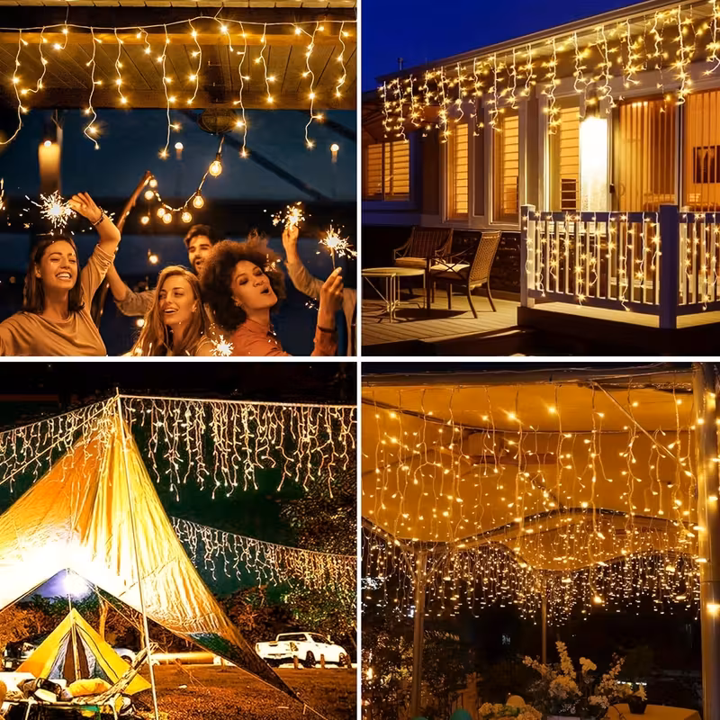 Instalatie franjuri, 500 LED, 20 metri, 8 jocuri de lumini, Alb cald