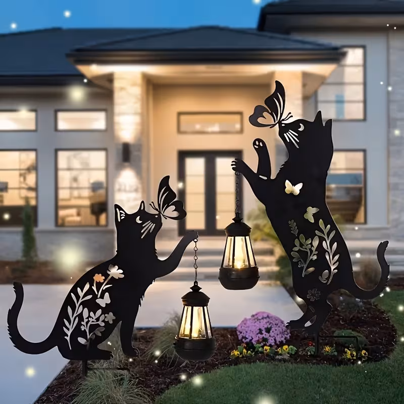 Set 2 x Lampa solara de gradina, decoratiune metalica, Pisica