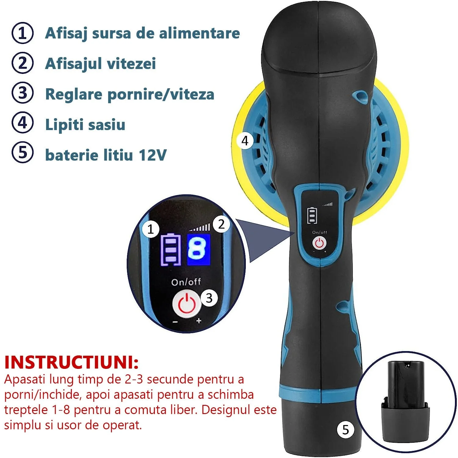Aparat Polish Auto Profesional cu 2 Acumulatori 12V, 8 Viteze